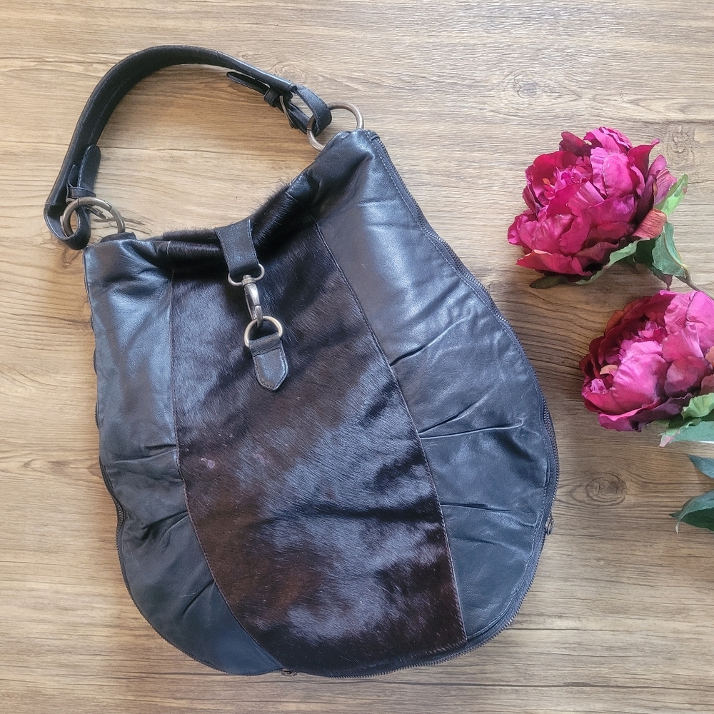 Bougainvillea Black Leather and Pony Large tote shoulder bag